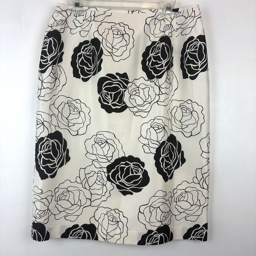 Floral Silk Skirt Womens 14 White Black Pencil Lined Office Career